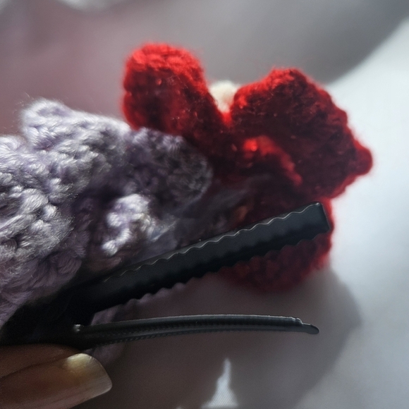 Hand Crafted Floral Bow Hair Clip Hand Knit Crochet flowers Purple Red and beige - Picture 9 of 16
